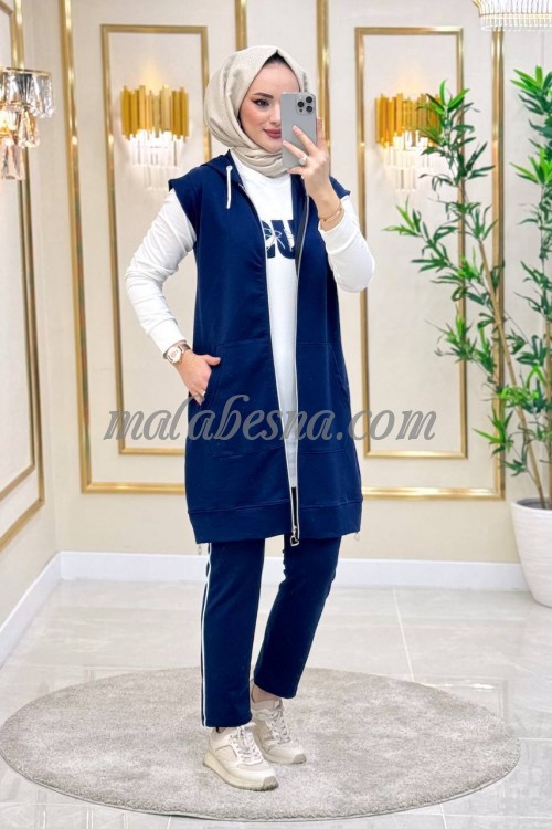 3 Pieces Dark Blue suit with vest and blouse