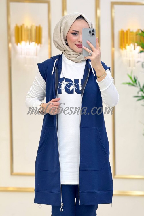 3 Pieces Dark Blue suit with vest and blouse