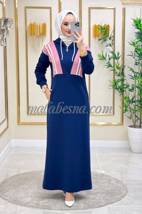 Dark Blue sporty abaya with pink color on the chest with two white lines