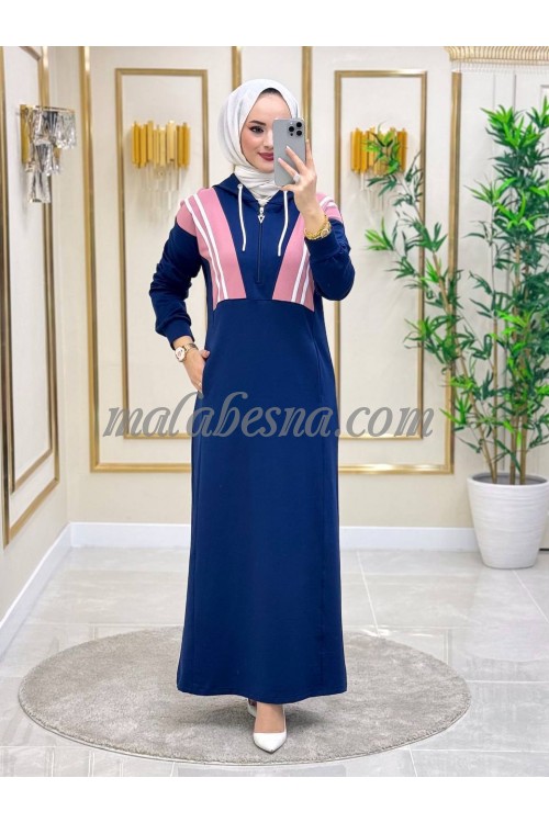 Dark Blue sporty abaya with pink color on the chest with two white lines