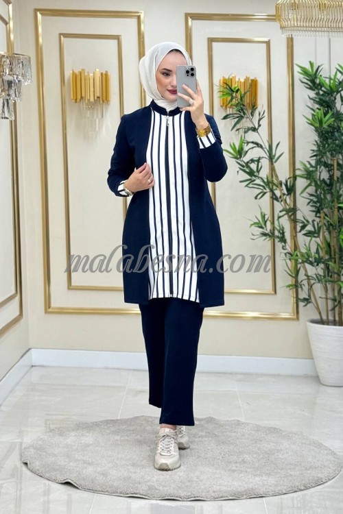 2 Pieces Dark Blue suit with white and dark blue lines on the jackets and sleeves