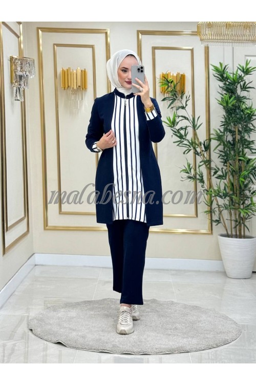 2 Pieces Dark Blue suit with white and dark blue lines on the jackets and sleeves