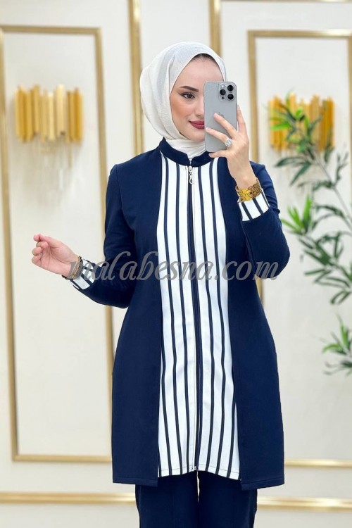 2 Pieces Dark Blue suit with white and dark blue lines on the jackets and sleeves