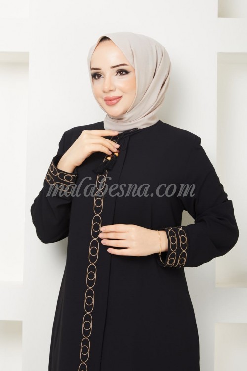 Black Abaya with beige patterned on the abaya and sleeves