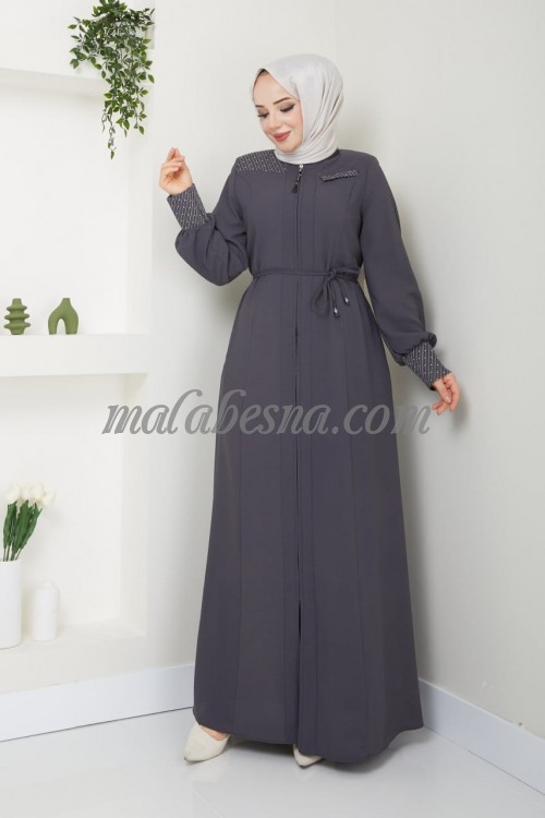 Gray Abaya with strass on the sleeves and shoulder with belt