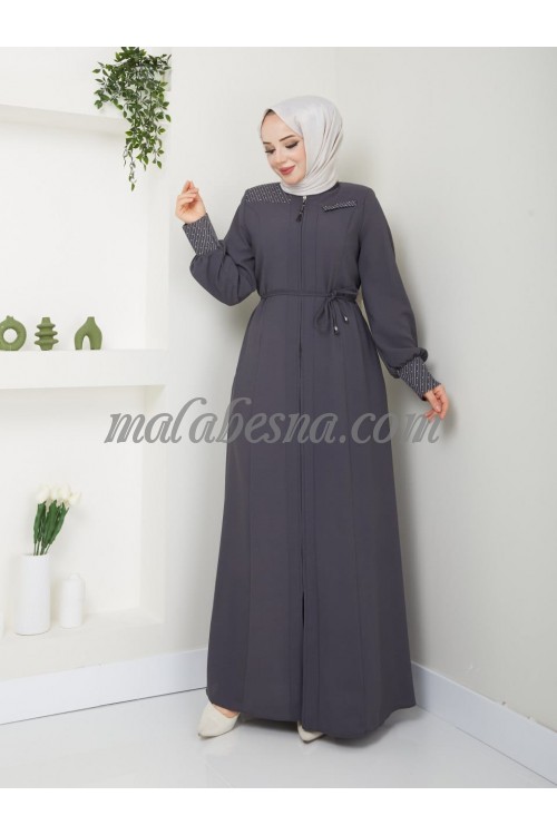 Gray Abaya with strass on the sleeves and shoulder with belt