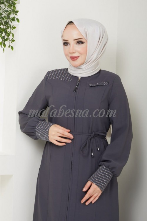 Gray Abaya with strass on the sleeves and shoulder with belt