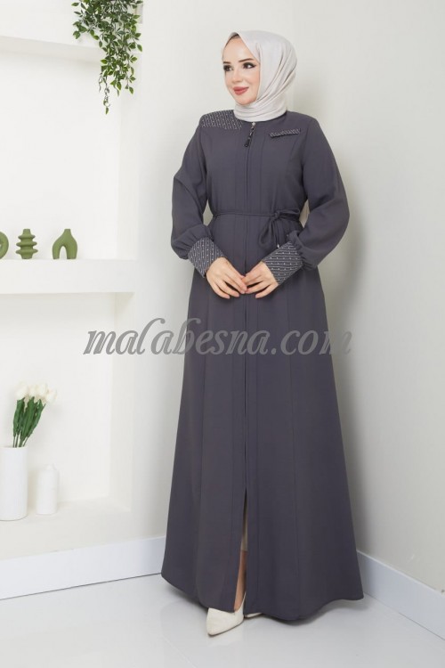 Gray Abaya with strass on the sleeves and shoulder with belt