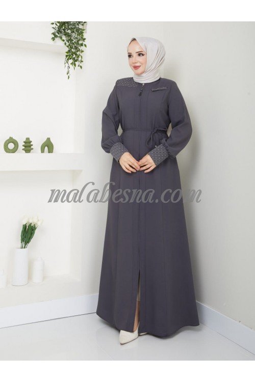 Gray Abaya with strass on the sleeves and shoulder with belt