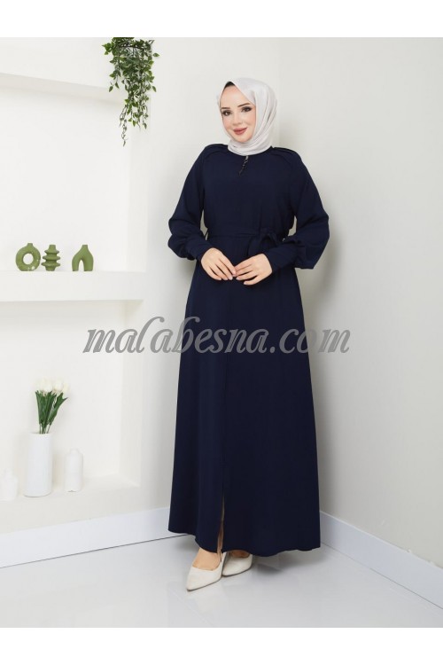 Dark Blue Abaya with layers patterned on the sleeves with belt