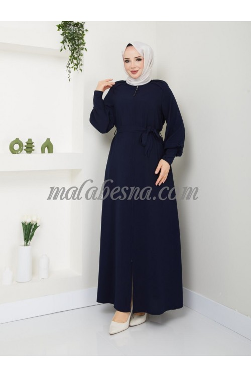 Dark Blue Abaya with layers patterned on the sleeves with belt