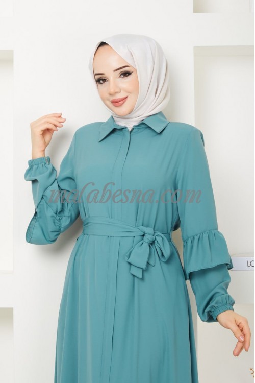 Mint Abaya with collar and layer on the sleeves