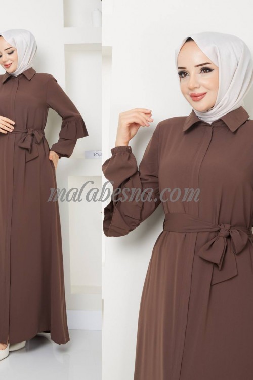 Brown Abaya with collar and layer on the sleeves