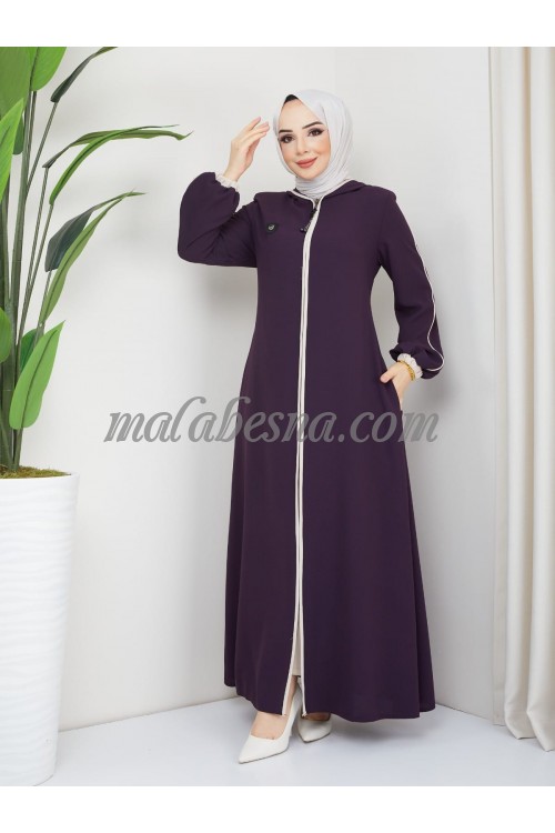 Purple Abaya with beige line on the long of Abaya with hat