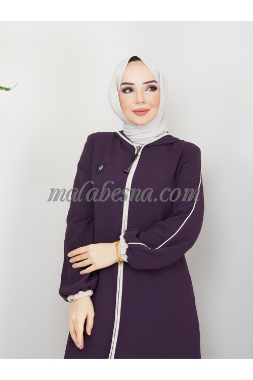 Purple Abaya with beige line on the long of Abaya with hat