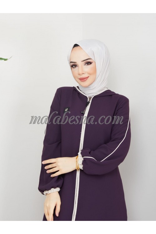 Purple Abaya with beige line on the long of Abaya with hat