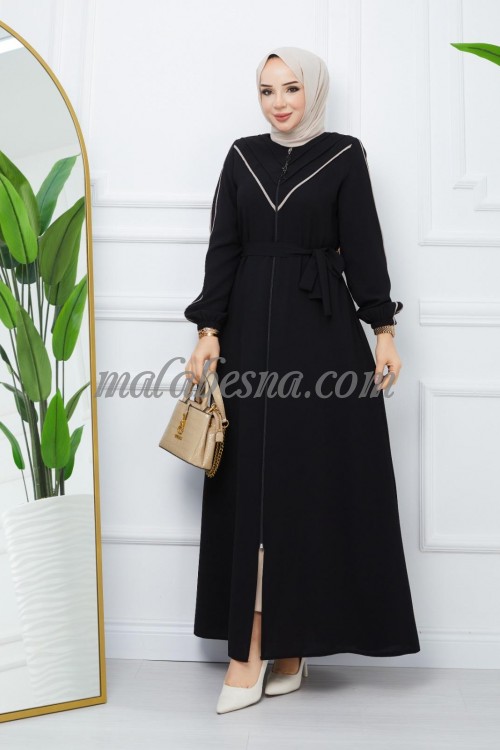 Black Abaya with beige lines shape V letter on the chest and beige lines on the sleeves