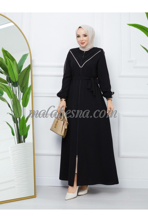 Black Abaya with beige lines shape V letter on the chest and beige lines on the sleeves