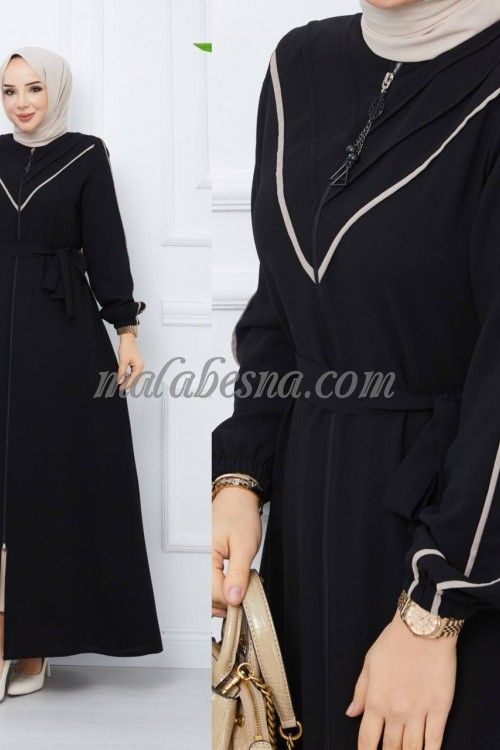 Black Abaya with beige lines shape V letter on the chest and beige lines on the sleeves