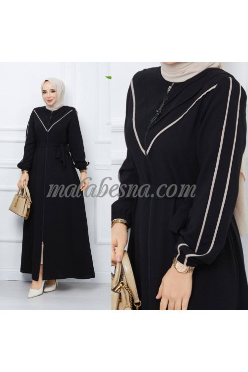 Black Abaya with beige lines shape V letter on the chest and beige lines on the sleeves