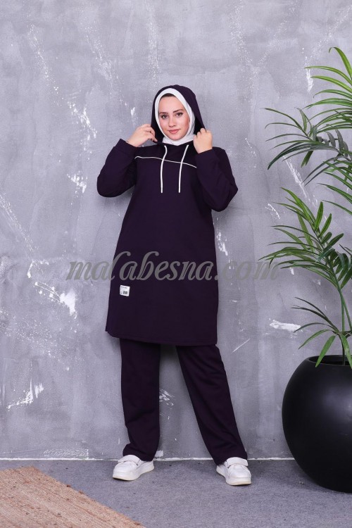 2 Pieces dark Purple tracksuit with white line and attached cap