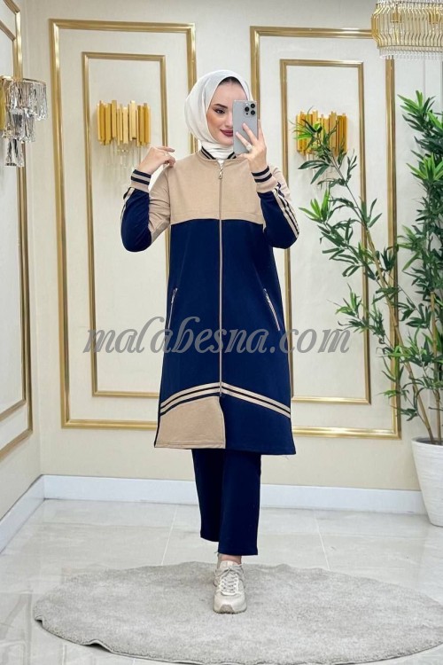 2 Pieces Dark Blue suit with beige lines on the jacket