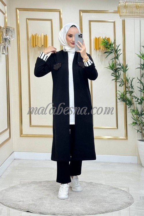 3 Pieces Black suit with long jacket and white blouse with black and white colors on the sleeves