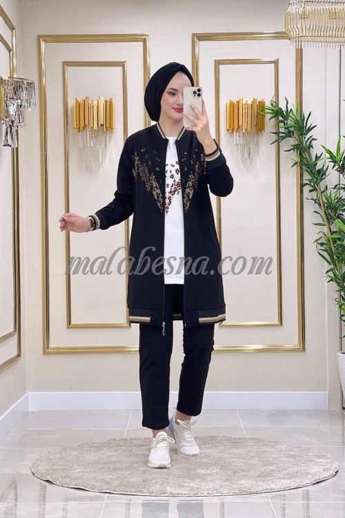 3 Pieces Black suit with tiger shiny pattern on the jacket and blouse