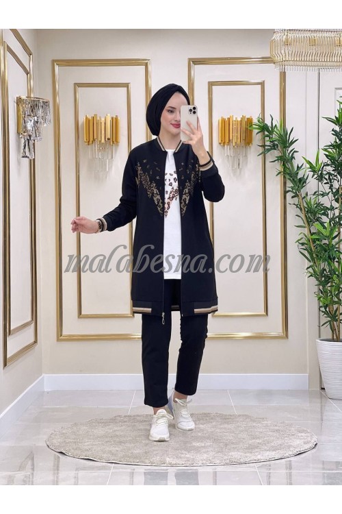 3 Pieces Black suit with tiger shiny pattern on the jacket and blouse