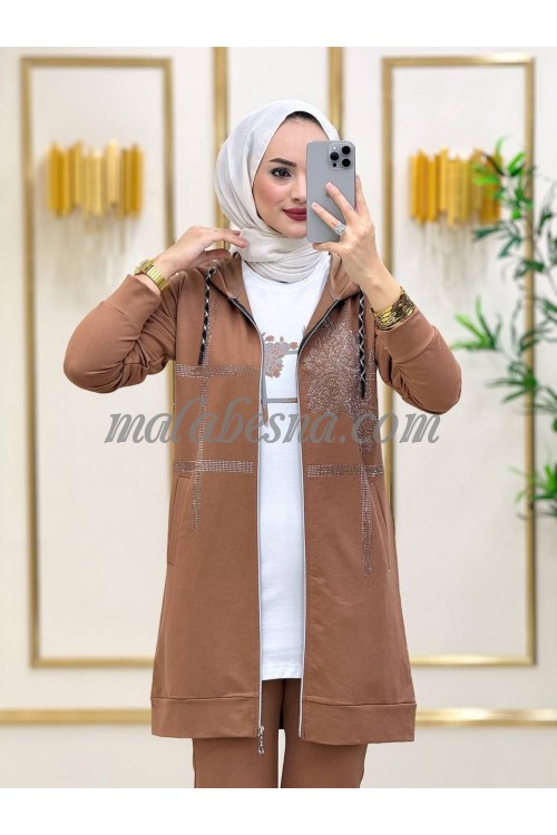 3 pieces beige suit with shining stones on the jacket with hat