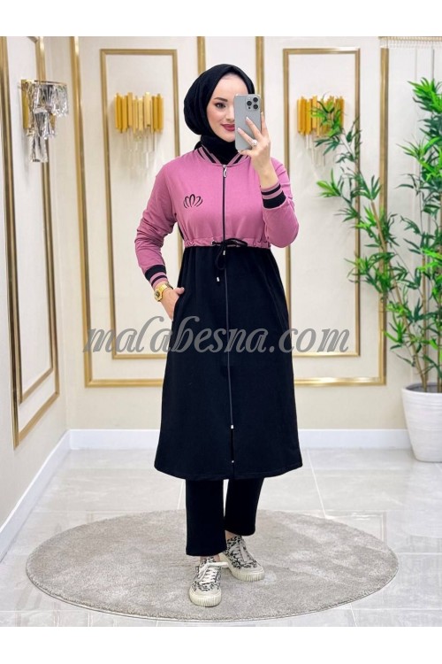 2 Pieces pink and black suit with internal belt on the chest