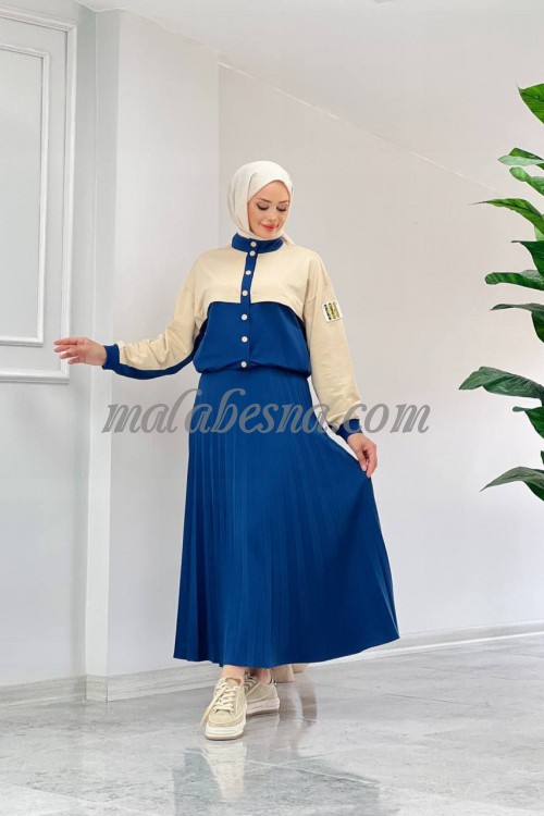 2 Pieces Blue skirt suit with beige color on jacket with layers skirt