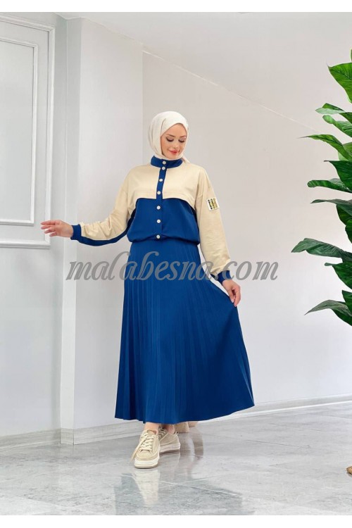 2 Pieces Blue skirt suit with beige color on jacket with layers skirt