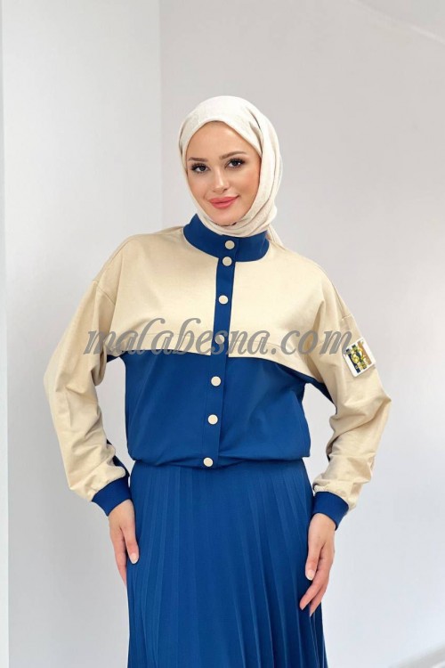 2 Pieces Blue skirt suit with beige color on jacket with layers skirt