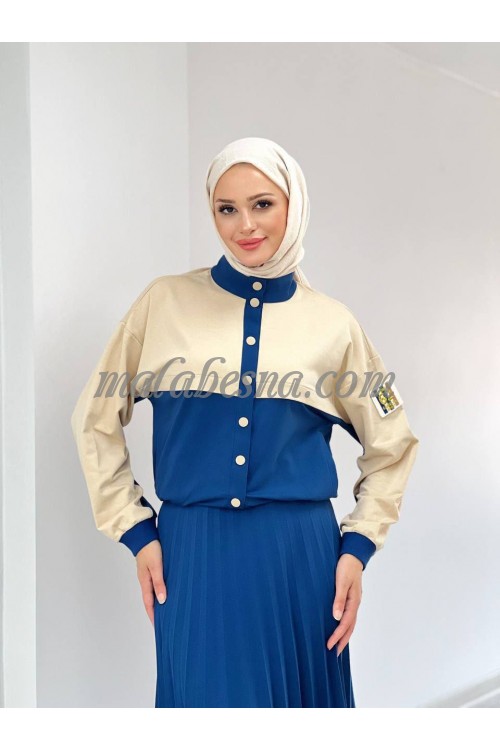 2 Pieces Blue skirt suit with beige color on jacket with layers skirt