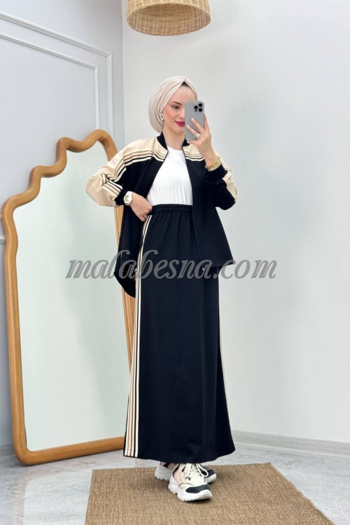 2 Pieces Black skirt suit with lines on along of skirt and jacket