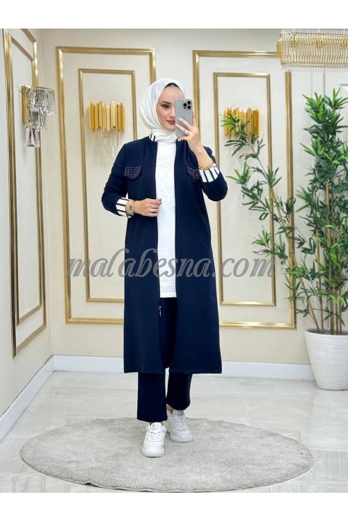 3 Pieces Dark blue suit with long jacket and white blouse with black and white colors on the sleeves