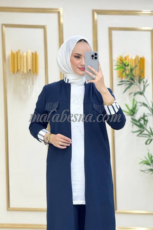 3 Pieces Dark blue suit with long jacket and white blouse with black and white colors on the sleeves