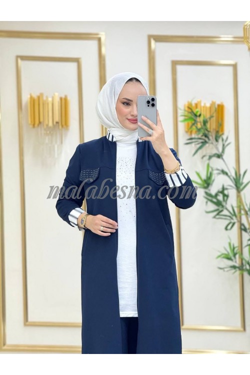 3 Pieces Dark blue suit with long jacket and white blouse with black and white colors on the sleeves