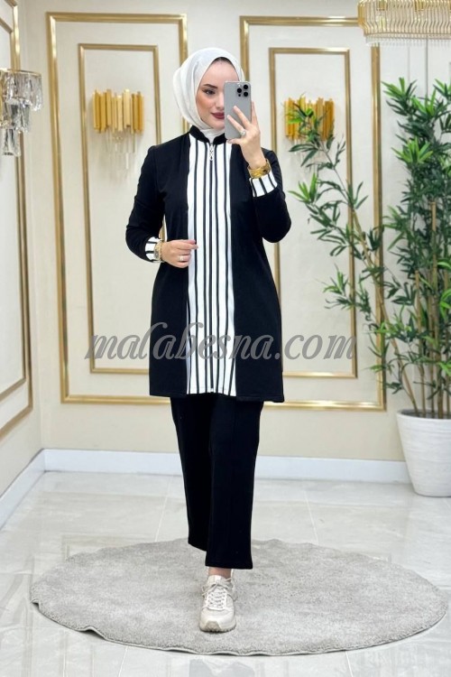 2 pieces Black suit with white lines on the long  of blouse