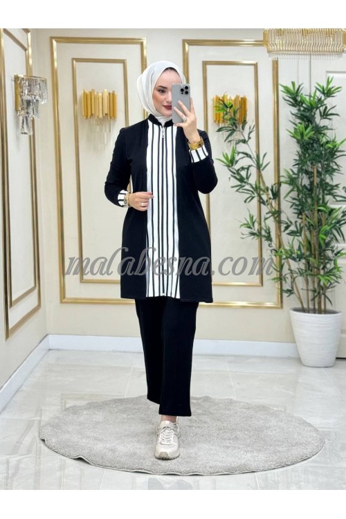 2 pieces Black suit with white lines on the long  of blouse