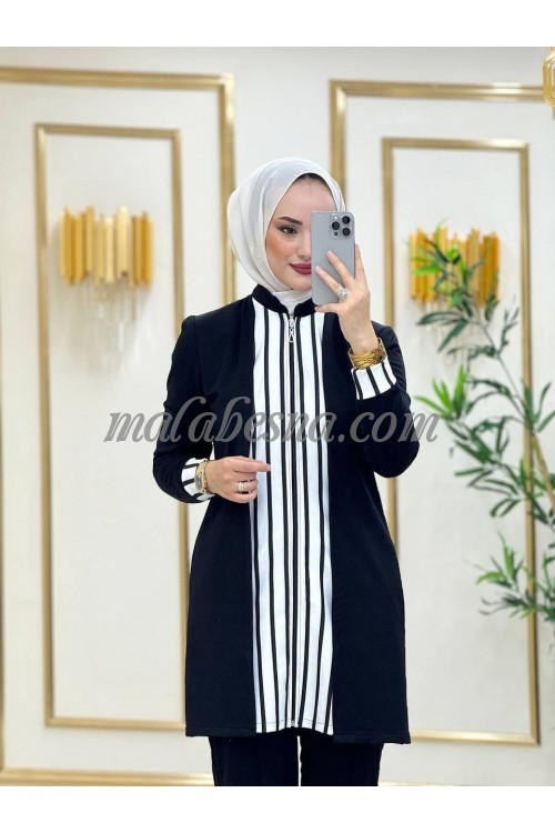 2 pieces Black suit with white lines on the long  of blouse