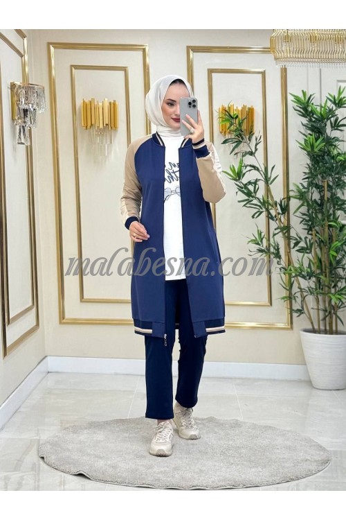 3 Pieces Dark blue suit with beige color on the sleeves