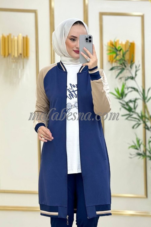 3 Pieces Dark blue suit with beige color on the sleeves