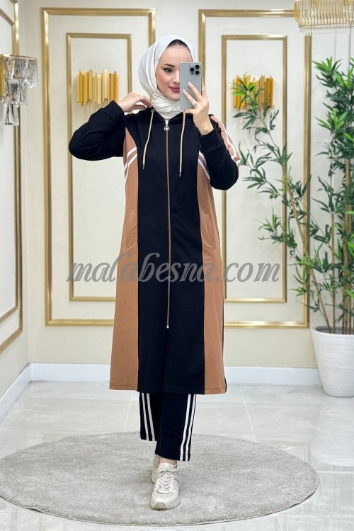 2 Pieces Black suit with beige color and white lines on the jacket and pants