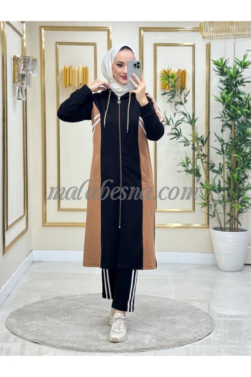 2 Pieces Black suit with beige color and white lines on the jacket and pants