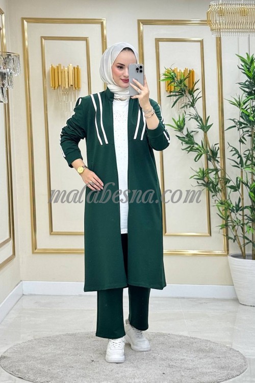 3 Pieces Green suit with 2 white lines with white blouse