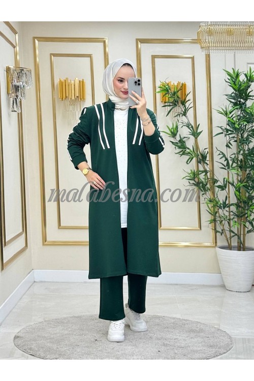 3 Pieces Green suit with 2 white lines with white blouse