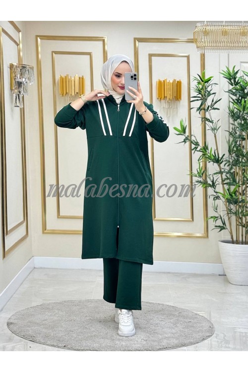 3 Pieces Green suit with 2 white lines with white blouse