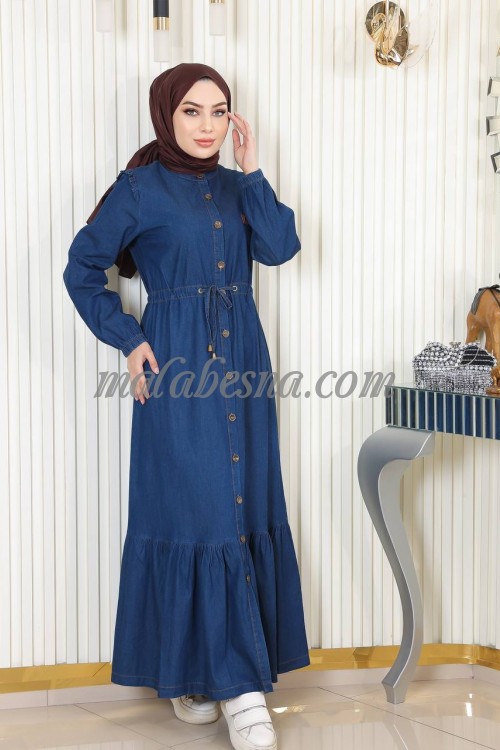 Dark blue jeans dress with internal belt and infront buttons